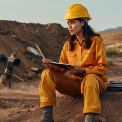 photo-woman-working-workspace-helmet-smiling-holding-notebook-generative-ai_697880-2910
